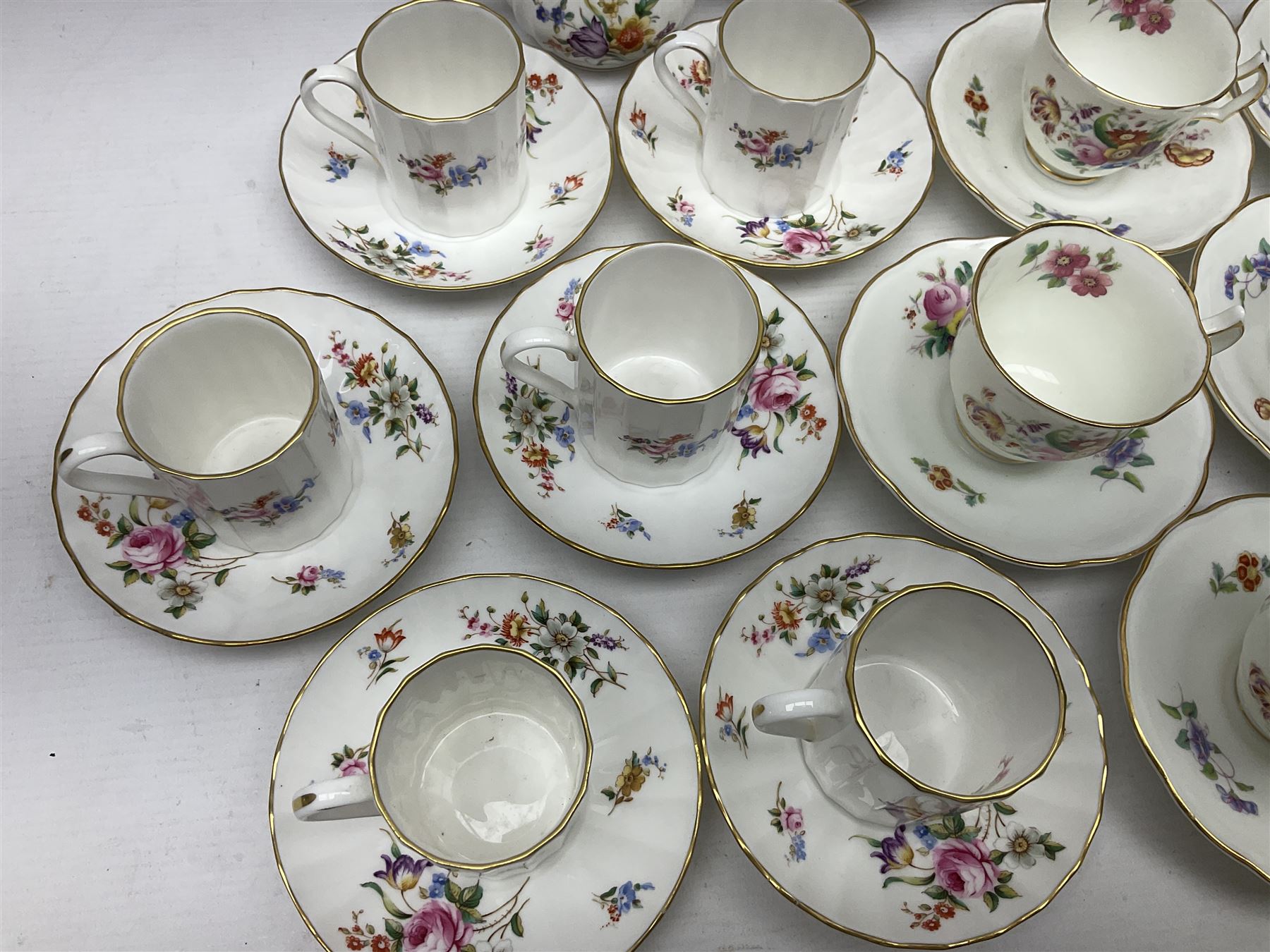 Royal Worcester Roanoke pattern coffee service, including coffee pot, coffee cans and saucers, milk and sugar bowl, together with Coalport Junetime pattern teacups and saucers