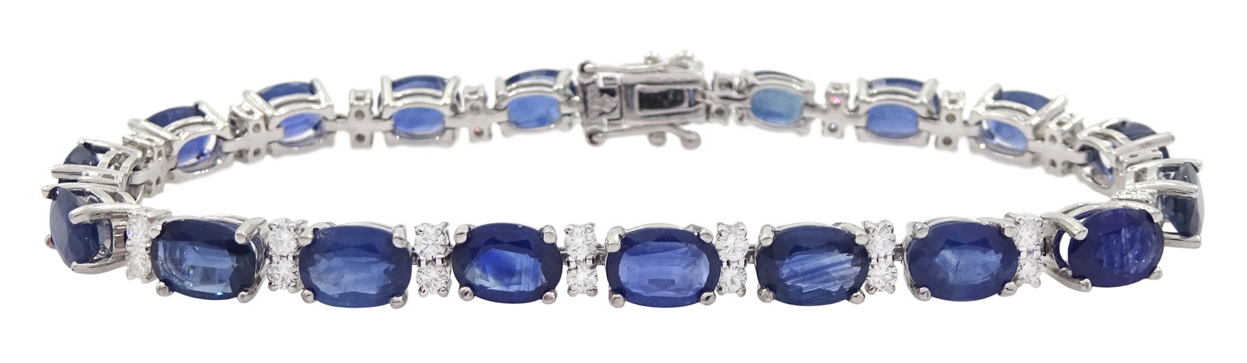 18ct white gold oval cut sapphire and round brilliant cut diamond bracelet, total sapphire weight approx 19.50 carat