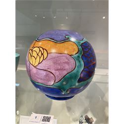Clarice Cliff Bizarre for Newport Pottery Inspiration Tresco pattern vase, the body of shape 370 globe form painted in yellow, orange, pink, purple, green and blue with stylised island and sea related motifs such as scales and seaweed, with painted and impressed marks beneath, H15cm