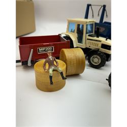Collection of predominantly late 1970s/early 1980s Britains diecast vehicles and farming equipment, including Corn King, tractors, JCBs, horsebox, skip lorry, etc together with figures and accessories