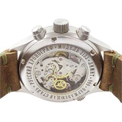 Poljot Sturmanskie gentleman's manual wind chronograph wristwatch, Cal. P3133, silvered dial with Arabic hour markers, black subsidiary dials and skeleton back case, on brown leather strap