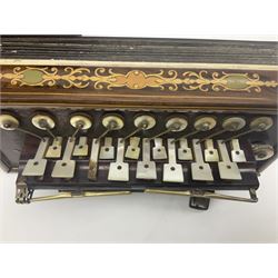 19th Century inlaid rosewood Flutina accordion, stamped Busson of Paris, having sixteen mother of pearl keys and six fold floral decorated bellows L30cm; in baize lined mahogany box