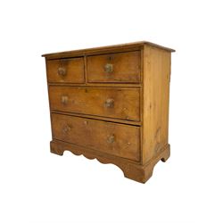 Late 19th century waxed pine chest, rectangular top with moulded edge, fitted with two short over two long graduating drawers with turned wood handles, raised on bracket feet with shaped apron