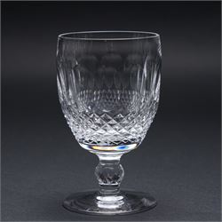 Suite of Waterford Colleen pattern table glass comprising six claret glasses, six hock glasses, six small tumblers, six sherry glasses and two decanters