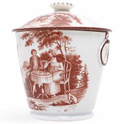 Early 19th century cream pail and cover printed in terracotta with figures sitting in a garden taking tea and with faux loop handles, with old label to the base 'Shorthose & Co. Staffordshire' H9cm
