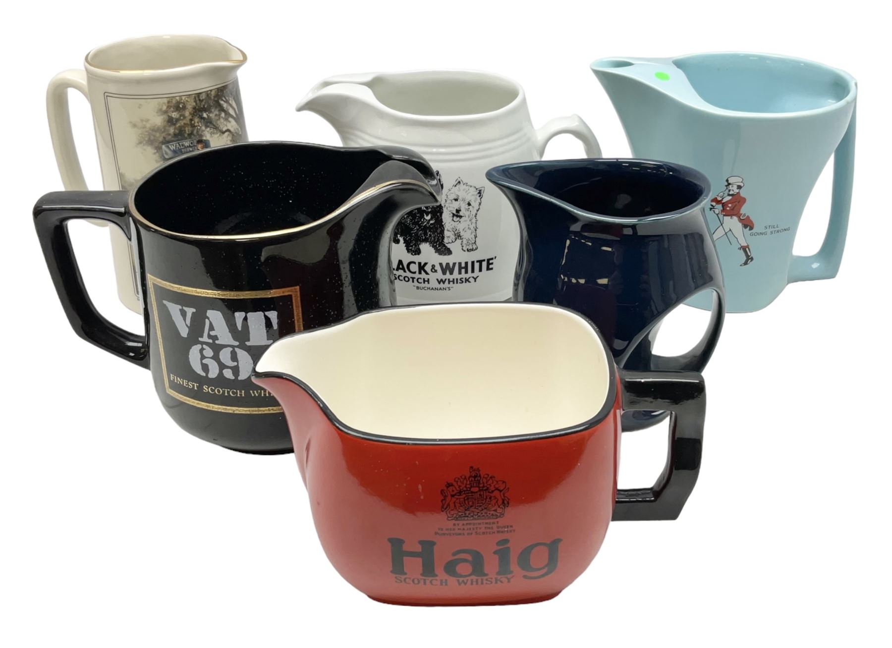 Six whisky water jugs, to include Wade Johnnie Walker, Haig, Black & White, etc