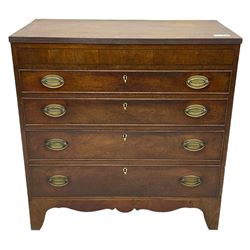 George III mahogany chest, rectangular crossbanded top over four long cock-beaded drawers with bone lozenge escutcheons and oval pressed brass handle plates, on bracket feet