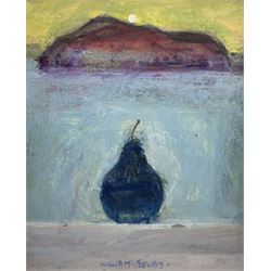 William Selby (Northern British 1933-): 'Blue Pear', mixed media on board signed, titled verso with artist's Brixham address label and Artist's Stock No.1312, 23cm x 18cm