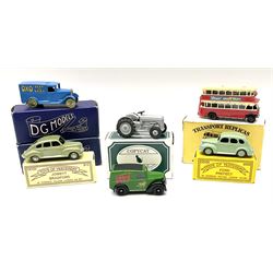 Various makers - ODGI No.812 Jowett Bradford; ODGI No.856 Ford Prefect; Copycat Models No.14 Ferguson Tractor; Transport Replicas No.5A Tilling London Bus; DG Models (Hornby) Oxo Van; and DG Models (Lledo) DS24 Castrol Van; all boxed (6)