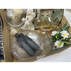 Quantity of glassware and ceramics to include Royal Doulton 'Sisters' matte black figure, vases, clock, and a quantity of Penguin books etc in two boxes