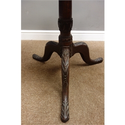  Victorian oak tripod top, carved hexagonal tilt top, turned column with three splayed supports, D72cm, H68cm  