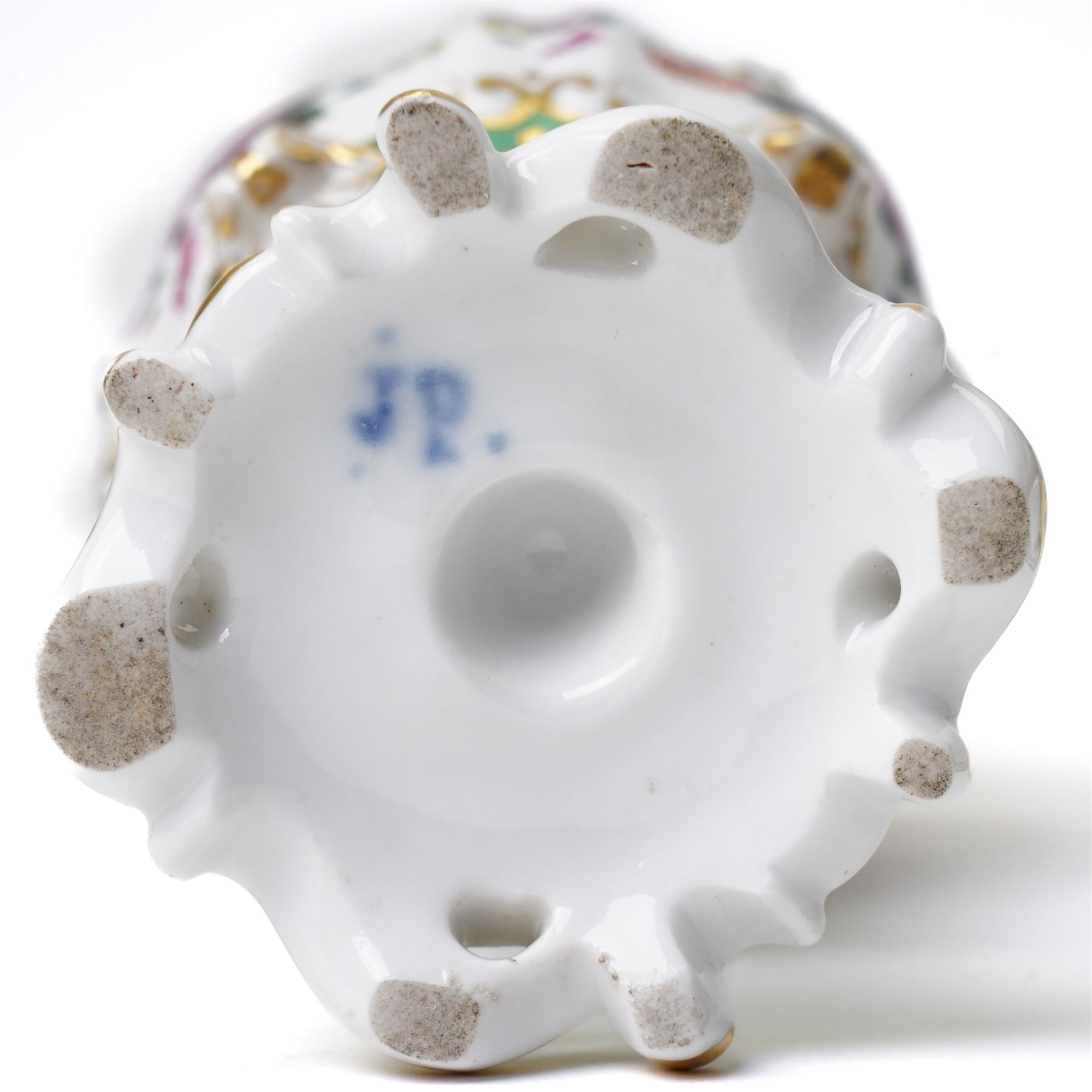 Pair of mid-19th century Jacob Petit ewers, in the Rococo Revival style, hand-painted with panels of flowers on a green ground and heightened profusely with gilt, JP mark in underglaze blue to base, H25cm