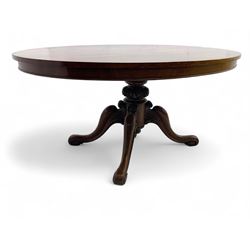 Victorian mahogany breakfast loo table, oval tilt-top on turned pedestal, quatrefoil out-splayed carved supports, scroll carved terminals with brass castors