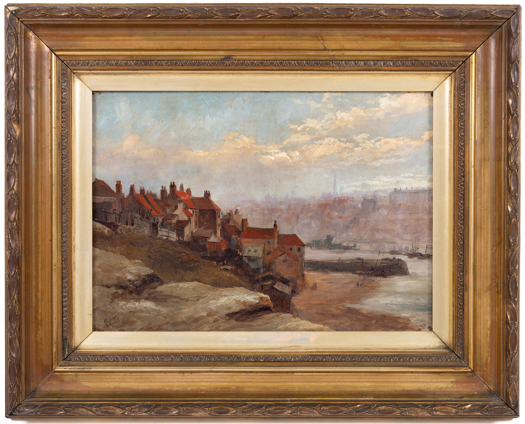 C Holmes (British 19th/20th Century): Clouds over Whitby, oil on canvas signed, 24cm x 34cm; Hely Augustus Morton Smith (British 1862-1941): Entering Whitby Harbour, watercolour signed 42cm x 30cm; W Berkeley (British 19th Century): The Doorway, watercolour signed and dated '04, 23cm x 19cm (3)