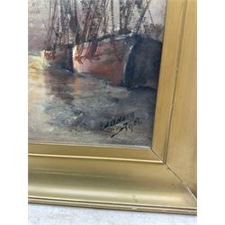 Edouard Adam (French 1847-1929): Masted Ships at Sunset, oil on board signed and dated 1907, 32cm x 25cm 
Provenance: Robin Hood's Bay family ownership for many years