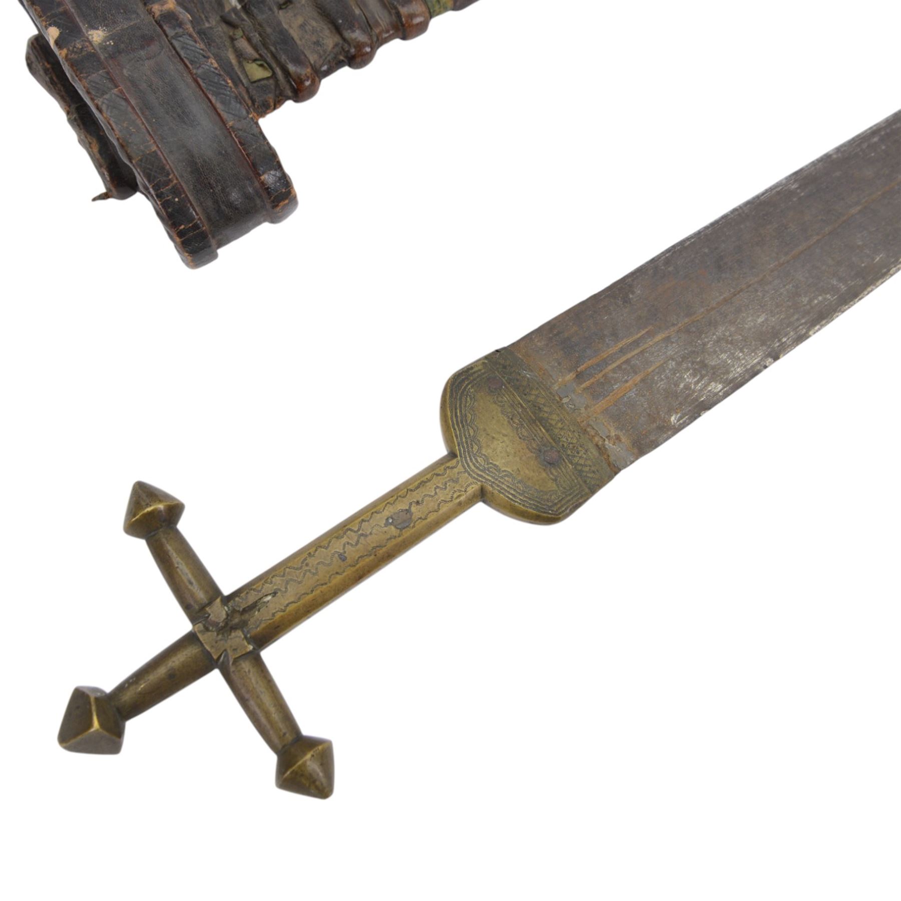 Replica Japanese katana with 63cm curved single edged blade in scabbard, overall L93cm, together with dagger with brass handle in a leather scabbard 