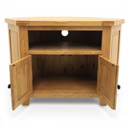 Modern light oak corner television stand, open recess above two cupboard doors with aperture to the back
