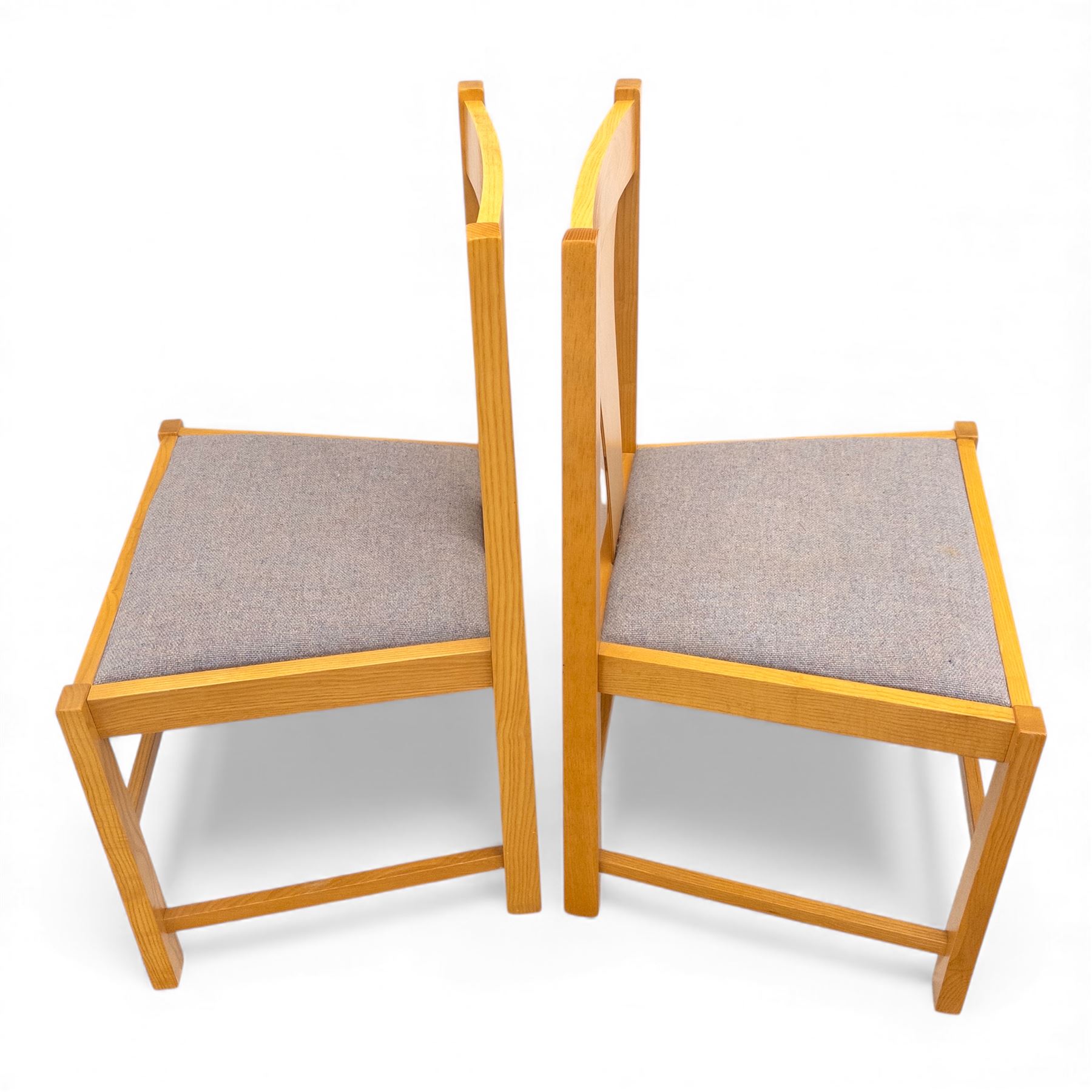 Habitat - contemporary light oak dining table, rectangular veneered top, with mitred border veneer over square section legs, with six beech upholstered chairs in grey fabric, open back with central splat, raised on square section legs, W52xD44xH88cm