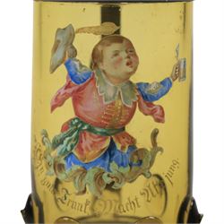 19th century German green glass stein, enamel decorated with a gentleman holding a stein, with a pewter lid, together with another smaller example decorated with a coat of arms 