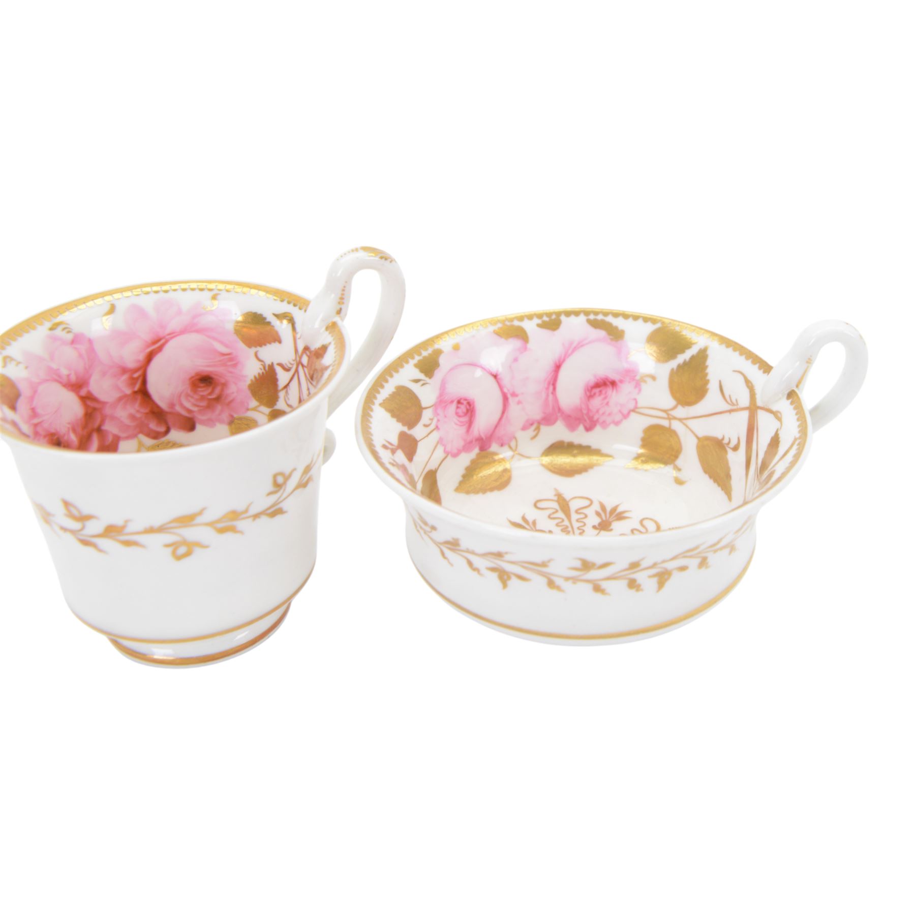 Minton trio, coffee cup, teacup and saucer, circa 1824, moulded ribbed detail, distinctive 'N' handle, painted in pattern no 139, with floral sprays and lilac blue band, coffee cup including handle H8cm, saucer D14cm, together with a Spode trio, coffee cup, teacup and saucer, circa 1830, decorated in the 3886 pattern, painted with pink cabbage roses and heightened with gilt, coffee cup including handle H8cm, saucer D15cm