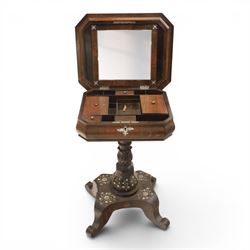Victorian mahogany and mother-of-pearl inlaid work table, the octagonal hinged top enclosing a mirror and fitted compartmented interior, raised on a carved pedestal and quatriform platform base with scrolled feet