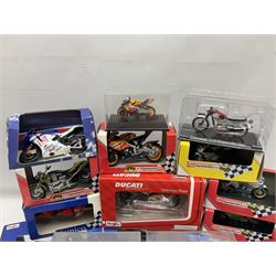 Fifty-one die-cast models of motorcycles by Maisto, Protar Italeri, Welly etc; many in perspex display boxes, some in window boxes and some unboxed