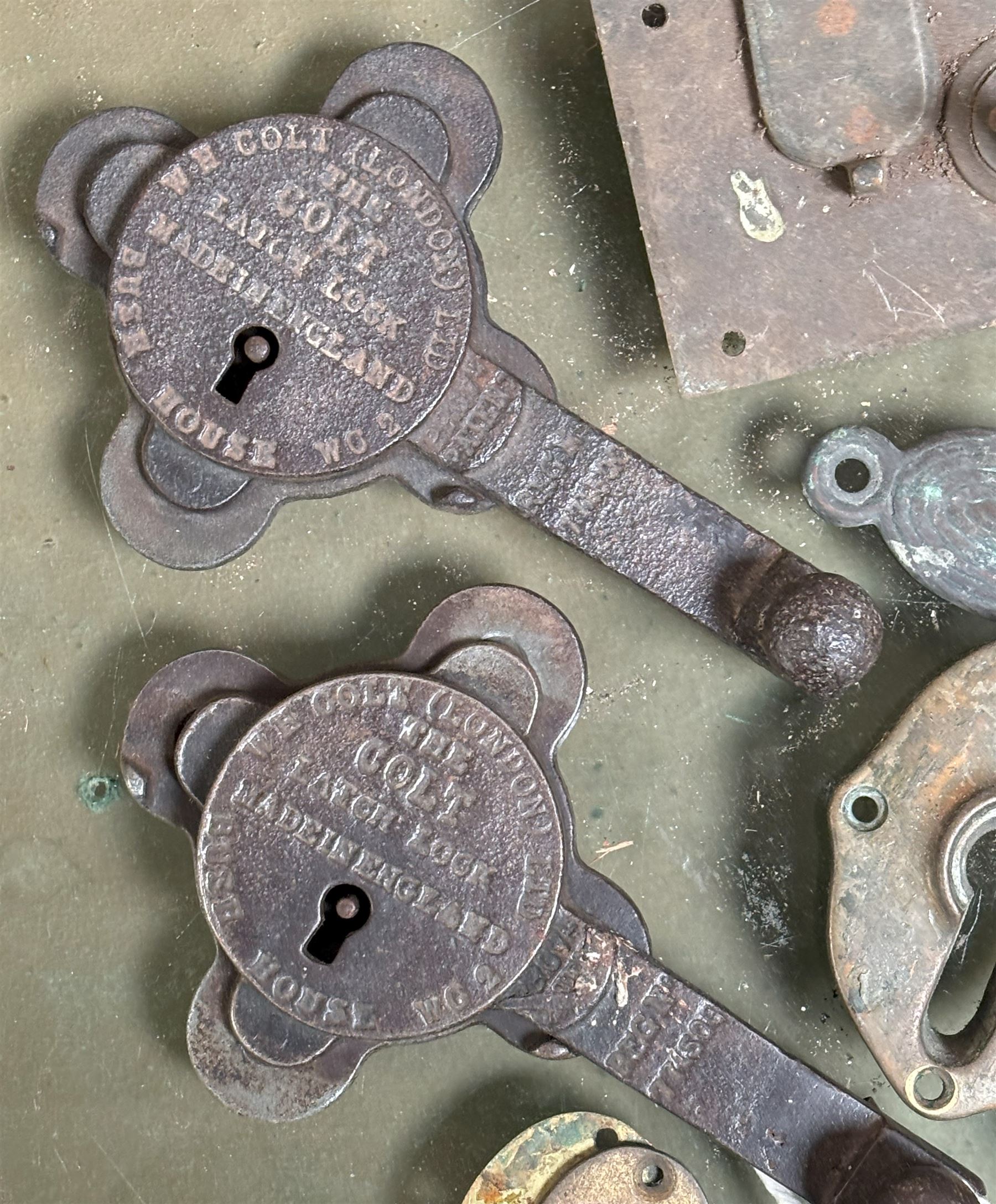 Victorian Edwin Cotterill's patent lock with key, a set of three 19th century chain padlocks, two W.E.Colt patent latch locks, a brass plaque engraved Gibbons London, six antique keys, etc.  - COLLECTION BY APPOINTMENT FROM: The White House, Thirsk Road, Easingwold, York, YO61 3NF - CALL 01723 507111 TO ARRANGE