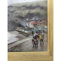 Robert Jobling (Staithes Group 1841-1923): A Blustery Day - Staithes, oil on canvas unsigned 54cm x 74cm 
Provenance: acquired by the vendor from the artist's great-grandson approximately 20 years ago - never previously been on the open market