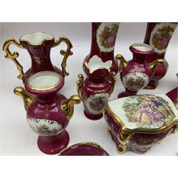 Quantity of Limoges ceramics predominantly in the 'La Reine' pattern, to include pair of vases, dishes, lidded boxes, miniature vases and ewers etc