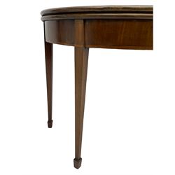 George III inlaid mahogany card table, demi-lune fold-over top with satinwood band and large fan motif, baize lined interior, double gate-leg action base, on square tapering supports with spade feet