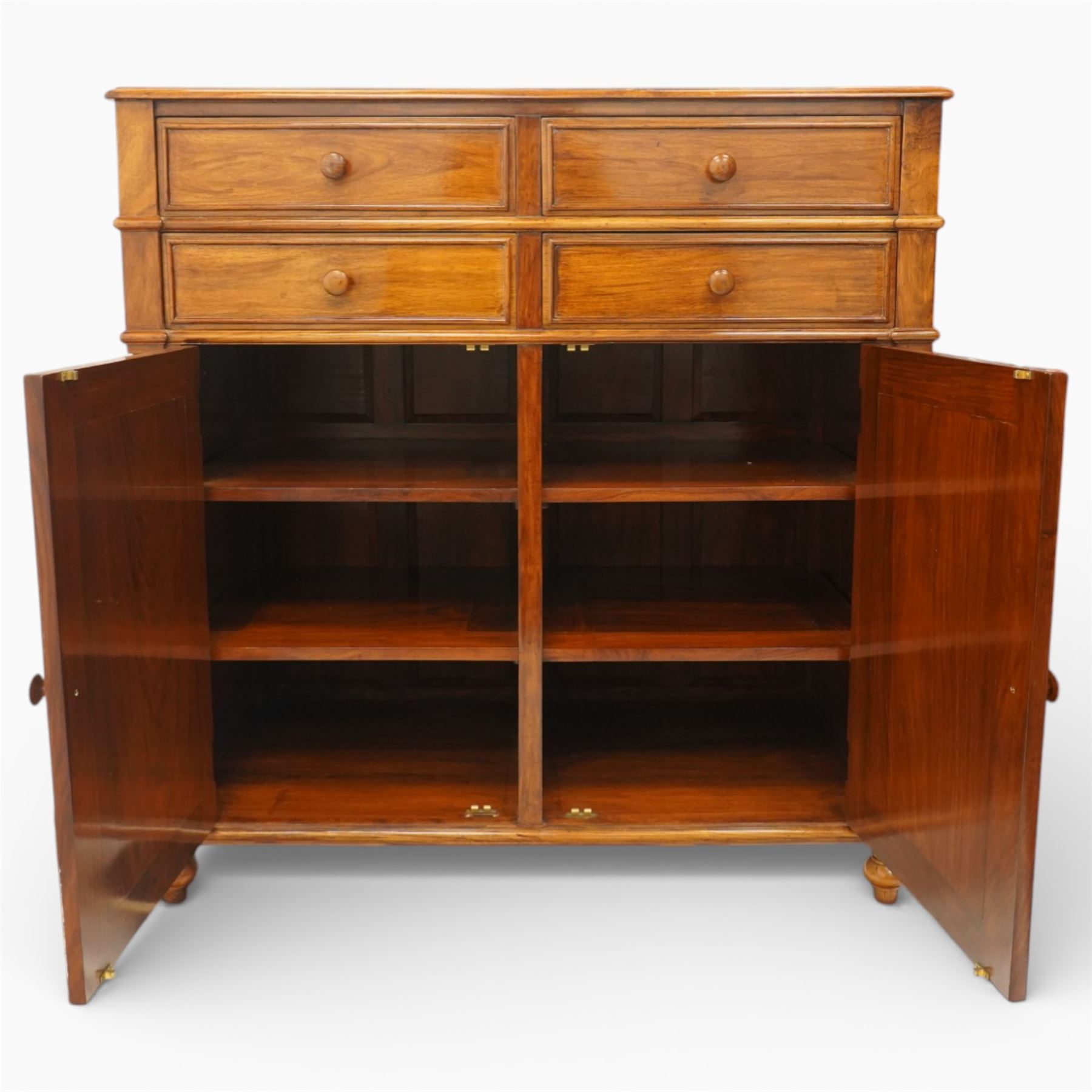 Victorian design rosewood side cabinet, the rectangular moulded top above four frieze drawers with turned wooden knob handles, over twin cupboard doors carved with foliate panels, flanked by barley twist uprights, upon turned bun feet