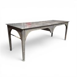 Large galvanised steel industrial or work table, rectangular top over tapering supports, s...