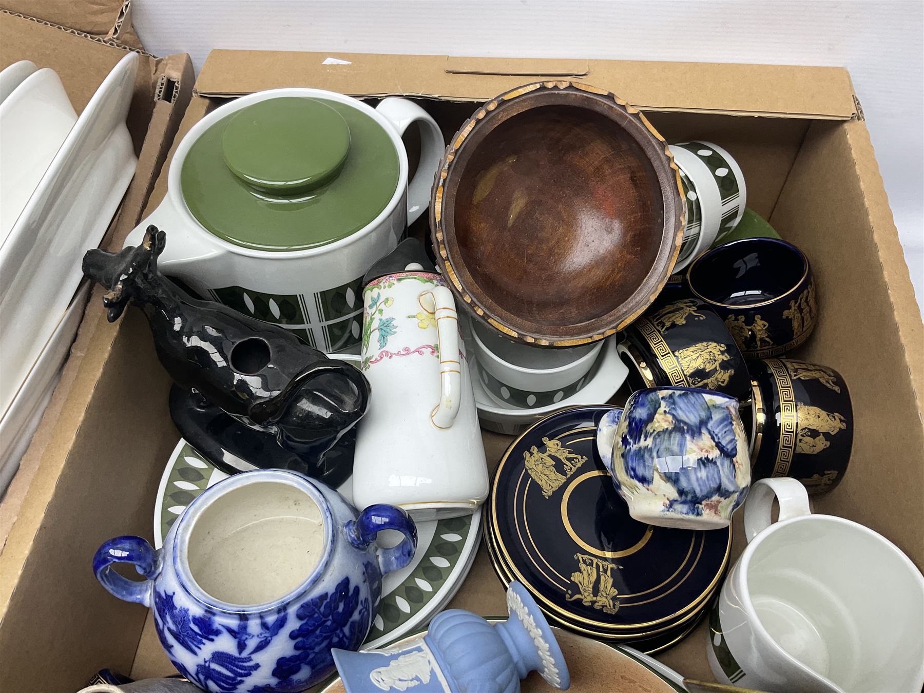 Quantity of ceramics to include Royal Albert and Paragon Elgin pattern tea wares, St Andrews Doulton and Company Green Marble pattern tea and dinner wares, Johnson Bros Snowhite tea and dinner wares, two Sark pottery vases, other studio pottery, Wedgwood Jasperware, Royal Doulton Dickensware Poor Jo plate, Mintons etc in three boxes