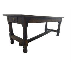 18th century and later oak refectory dining table, fitted with end drawer, raised on turned supports united by stretcher
