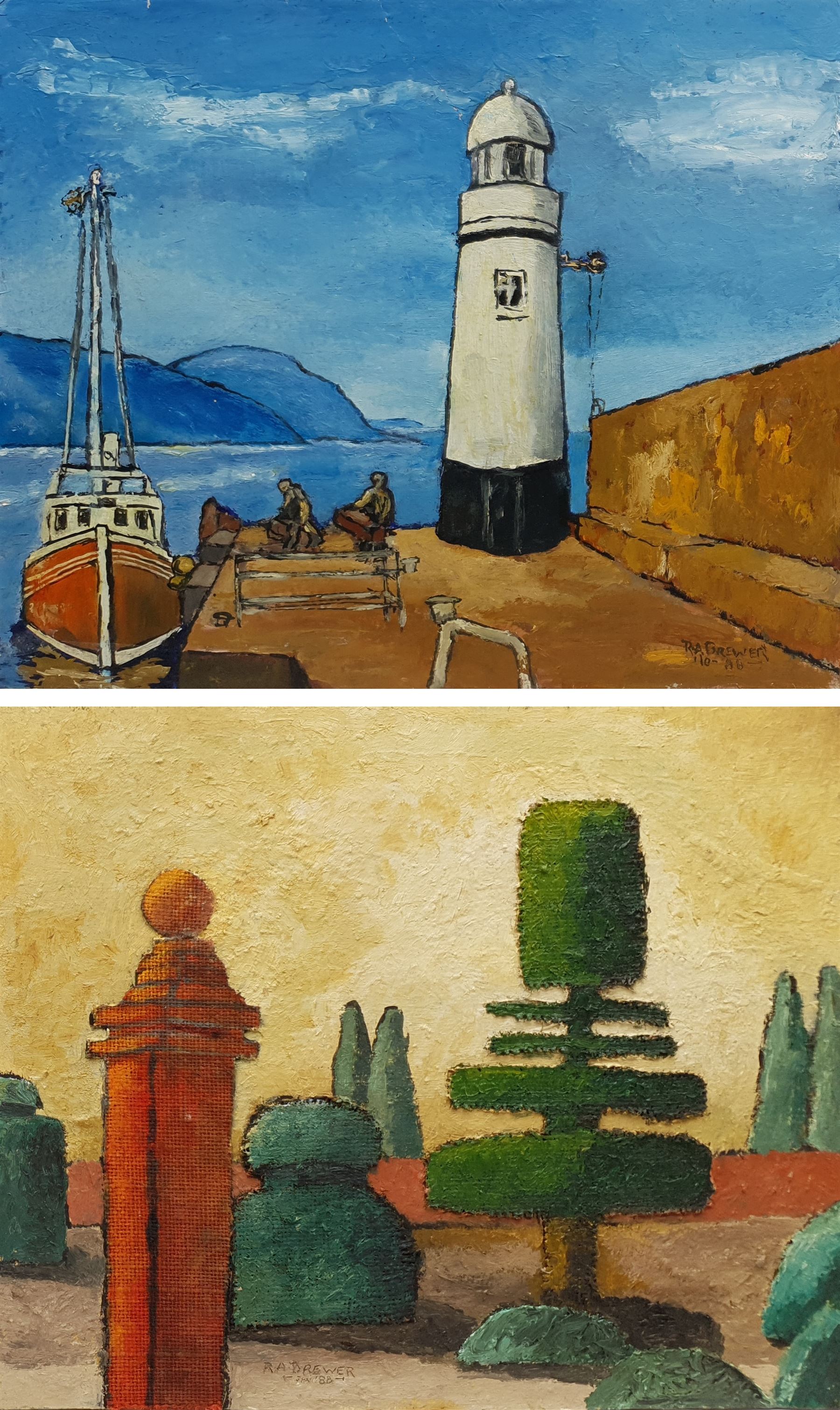 R A Brewer (East Yorkshire fl.1965-1973): Figures Unloading on the Pier beside a Lighthouse, and 'Topiscape' - Landscape with Topiary, two oils on panel signed and dated '88, further signed verso, the latter inscribed 'Ferens Jan Feb '88' verso, 38cm x 46cm (2) 
Notes: three works by Brewer are held in the collection of Beverley Art Gallery