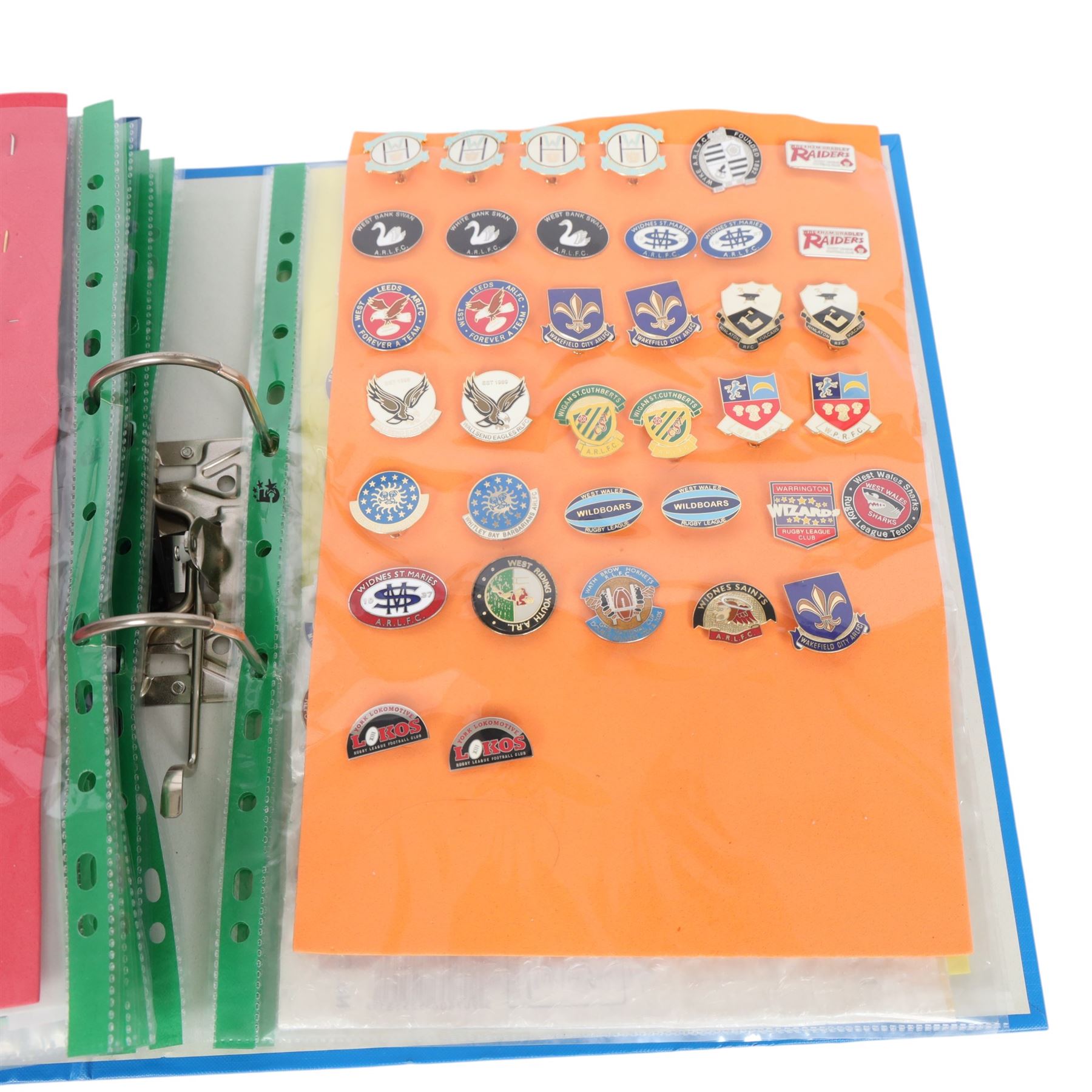 Amatuer Rugby League club enamel badge collection, from teams including Hull Wyke, Sheffield Forgers, London Griffins, Medway Dragons, Hillfoot Rams, Fife Lions, Conwy Celts, Carluke, Devon Sharks, Brotherton Bulldogs, Aspatria Hornets, Army XIII, Bristol Sonics, etc, housed in one folder, (approximately 320)