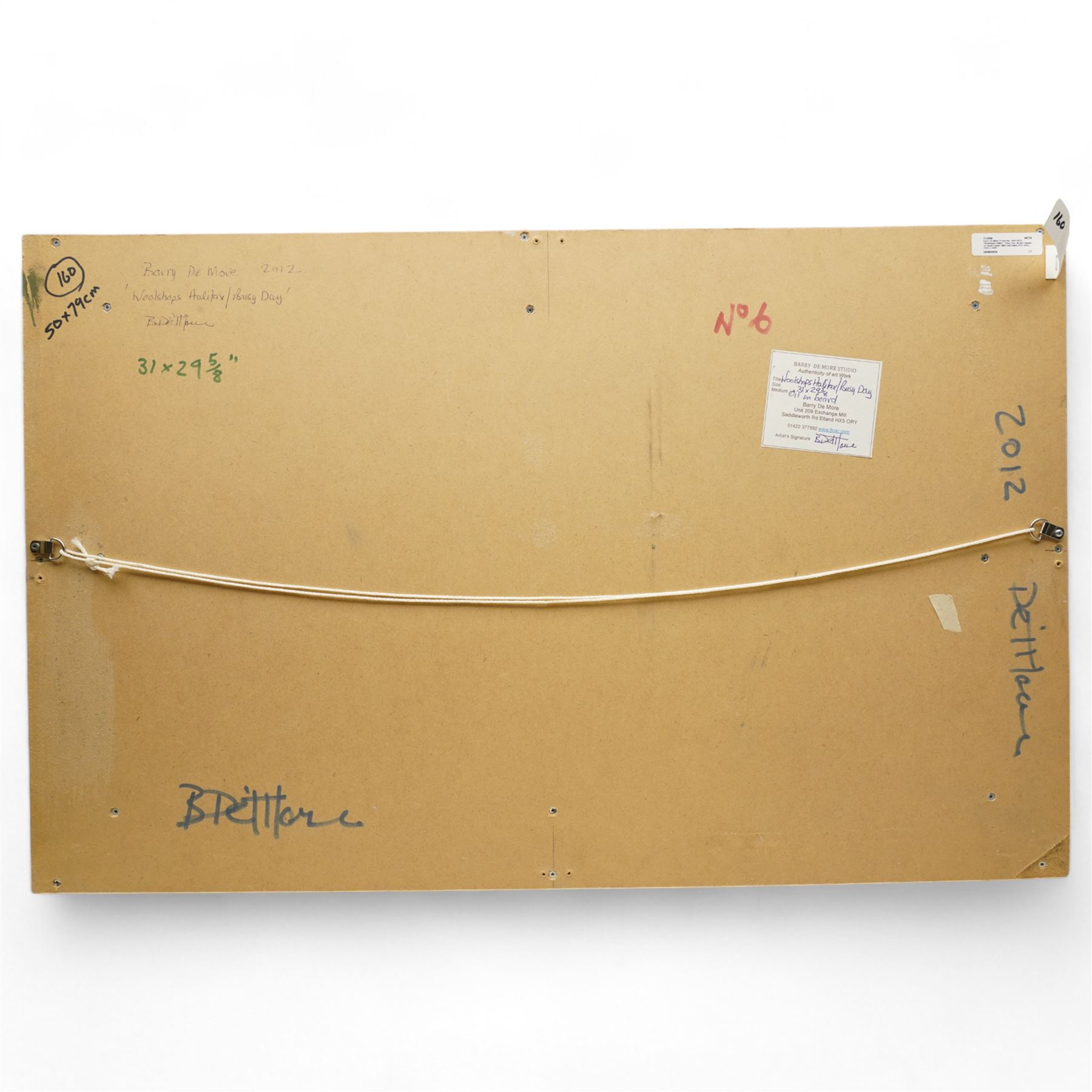 Barry De More (Yorkshire 1948-2023): 'Woolshops Halifax - Busy Day, oil and impasto on board signed, titled and dated 2012 verso 70cm x 40cm
Notes: Acclaimed as one of the North's greatest expressionist artists, Barry De More (1948-2023) used a heavy impasto style to transfer his love of Yorkshire landscapes, townscapes and people to canvas. His work sits comfortably in the company of work by Kossoff and Auerbach, selling to collectors in the UK and overseas. De More's work can be found in the permanent collection of work by Northern Artists at Dean Clough, one of the UK's largest contemporary art galleries.