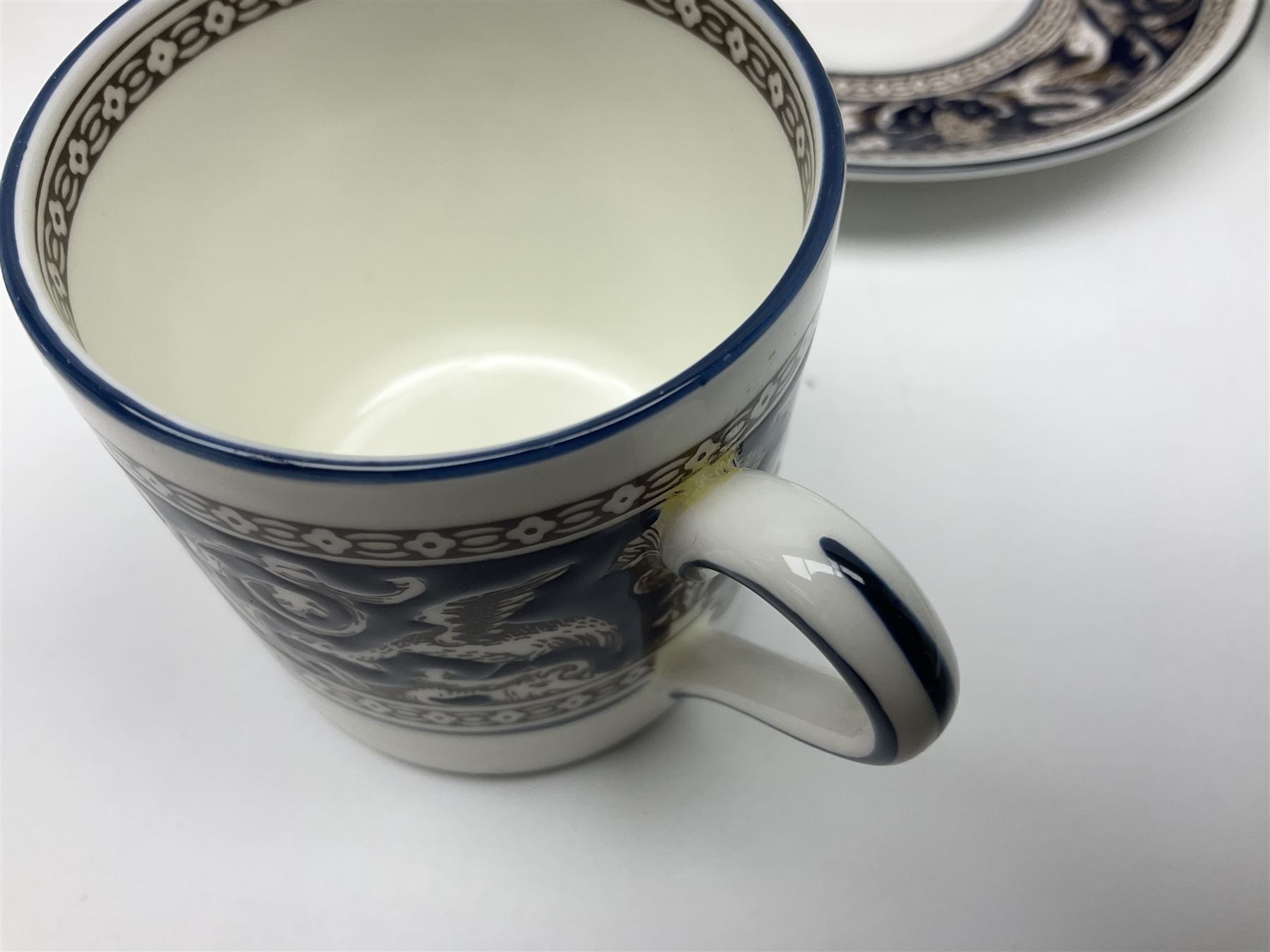 Wedgwood navy Florentine pattern coffee service for six, comprising coffeepot, coffee cans and saucers, milk jug, twin handled covered sucrier and small dish