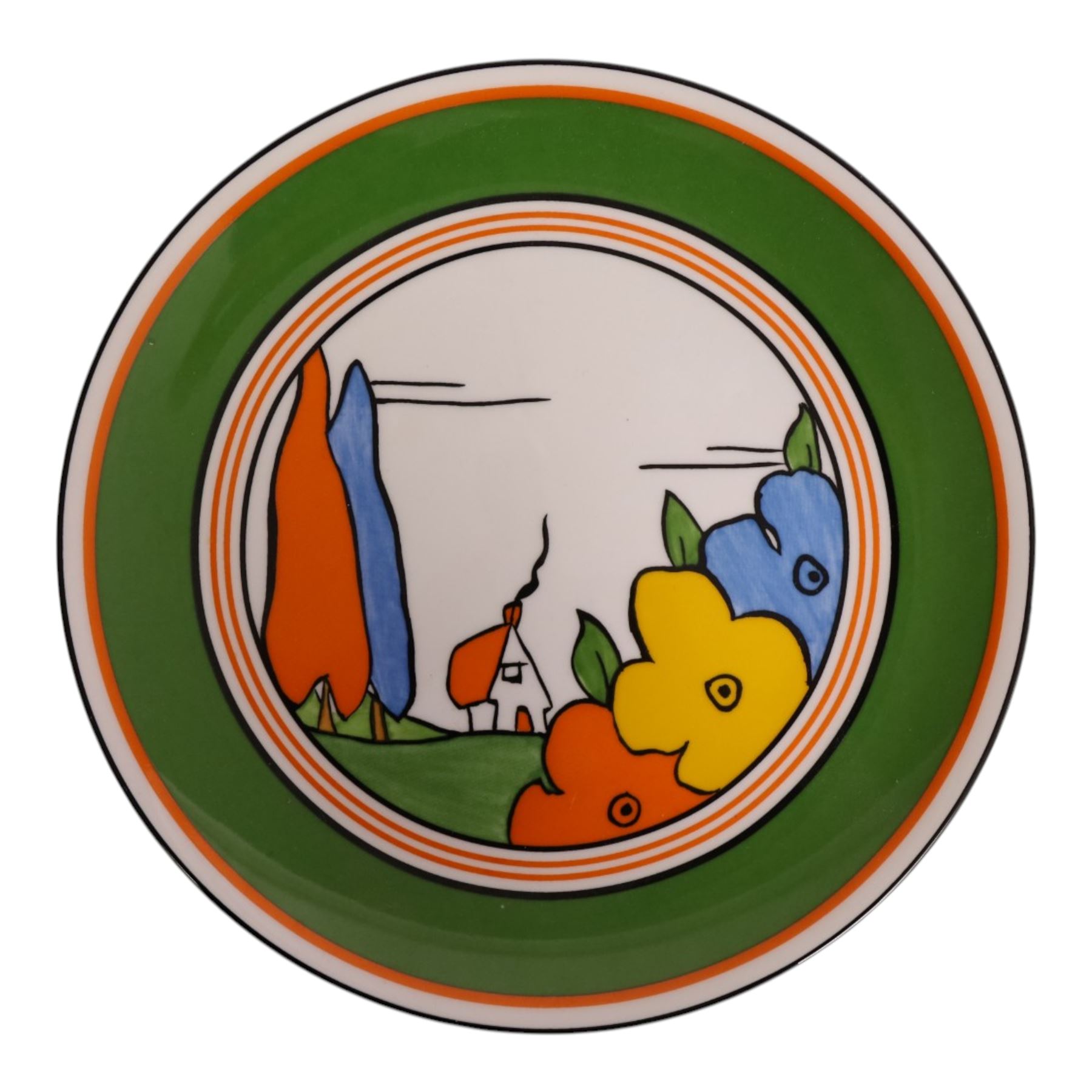 Collection of eight Wedgewood Clarice Cliff plates, comprising Red Roofs, House and Bridge, Orange Roof Cottage, Orange House, Fantasque Mountain, Blue Lucerne, Farmhouse, Poplar, D20cm 
