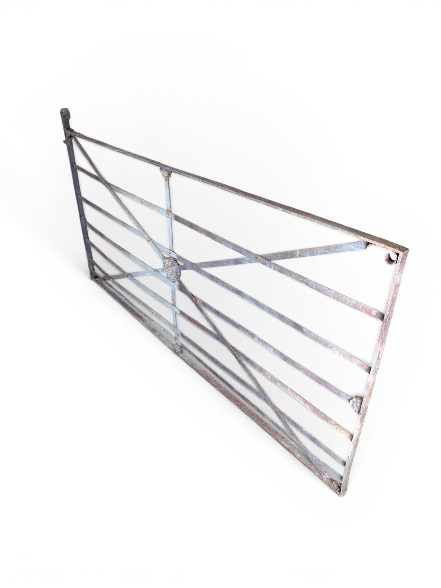 19th century Regency design painted wrought iron country estate gate, strapwork detail with five cast motifs, stamped W & J Rodenhurst, Drayton