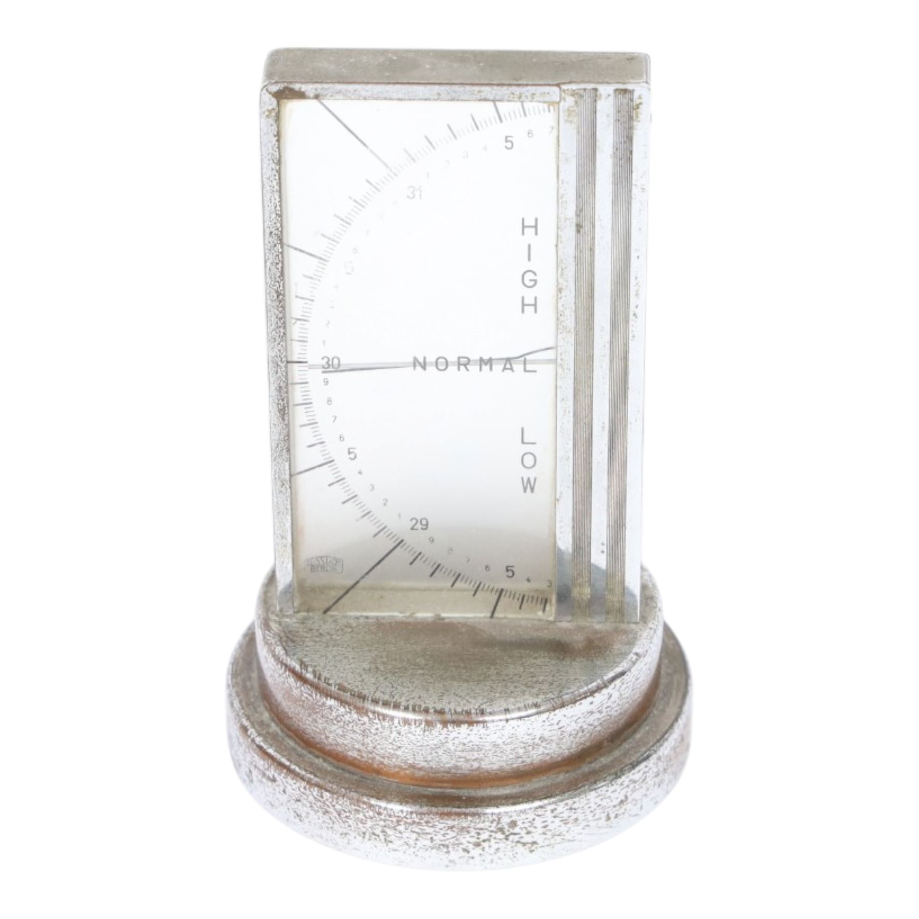 Art Deco chrome plated desk aneroid barometer by Zeiss Ikon, with frosted glass panel to rear, upon raised on a stepped circular base with instructions printed on the underside, H16cm