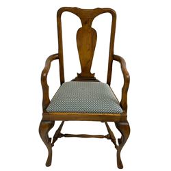 Late 20th century oak dining table, rectangular top with two draw leaf extensions, on turned supports united by moulded hayrake stretchers (180cm - 278cm x 90cm, H76cm); set of eight (6+2) oak dining chairs, shaped cresting rail over shaped splat back, upholster drop-in seat, on cabriole supports united by turned H-shaped stretchers 