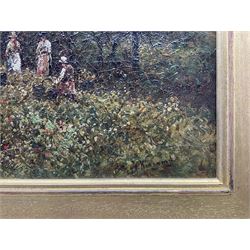 Wiggs Kinnaird (British 1870-1930): 'The Pea Pickers', oil on canvas signed, titled verso 24cm x 34cm