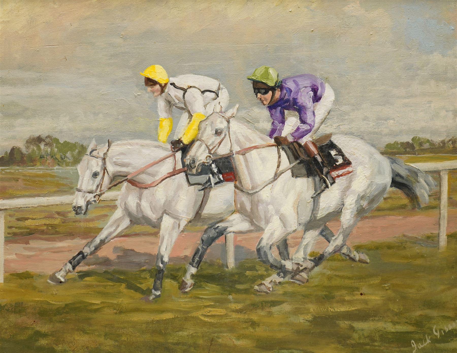 Jack G* (British Late 20th century): Neck and Neck at York Racecourse, oil on canvas signed 34cm x 45cm
Provenance: Mount Royale Hotel, York