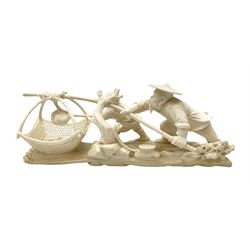 Japanese Tokyo School one piece ivory okimono, 19th century, carved as two fisherman with a net, H6cm, L15.5cm