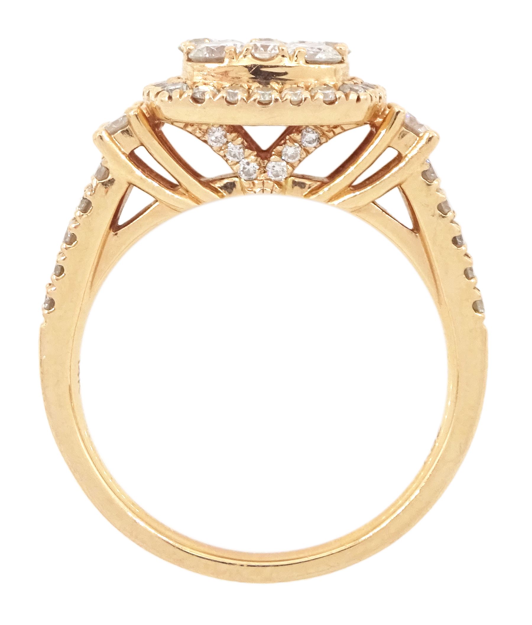 14ct rose gold round brilliant cut diamond halo cluster ring, with diamond set shoulders and gallery, stamped, total diamond weight approx 1.00 carat