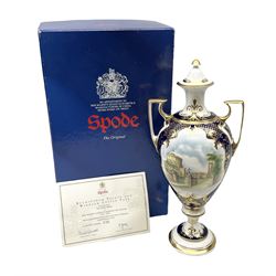 Spode commemorative vase and cover, for the Golden Jubilee of H.R.H. Queen Elizabeth II, blue ground with gilded detail and two enamelled topographical panels, one of Windsor Castle and the other Buckingham Palace, printed mark beneath numbered 36 of 100 with certificate and original box 