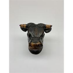 Victorian carved walnut and ebonised novelty inkwell, in the form of a bull's head with inset glass eyes, the hinged top opening to reveal a brass lined ink compartment, H13cm
