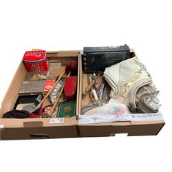 Grundig Satellit 500 radio, table linen, Cambridge University car badge, hip flask, various flatware etc in two boxes