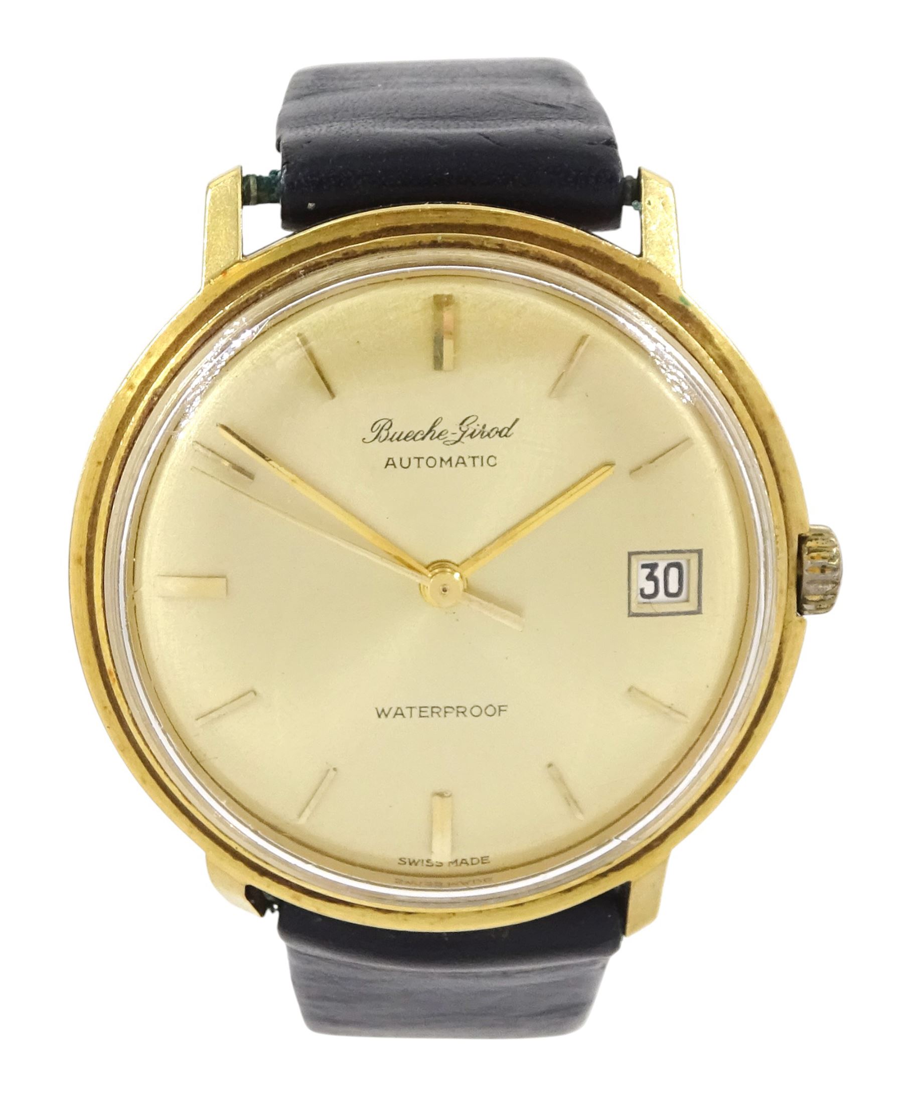 Bueche-Girod gentleman's 18ct gold automatic wristwatch, Ref. YG 11610-01, champagne dial with baton hour markers and date aperture, stamped 750 with Helvetia hallmark, on black leather strap
